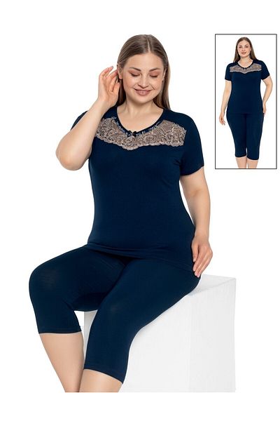 Cotpark Women's Large Size Viscose Combed Cotton Fabric Short Sleeve Capri Suit with Tights 14541-B