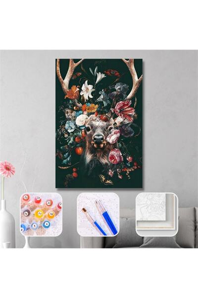 Pastelya Sayılarla Boyama Seti Çerçeveli Kasnaklı Geyiğin Çiçekleri 40x50cm