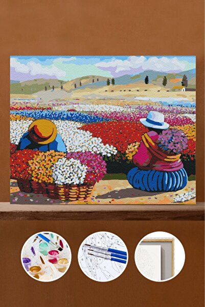Pastelya Sayılarla Boyama Seti Çerçeveli Kasnaklı Çiçek İşçileri 40x50