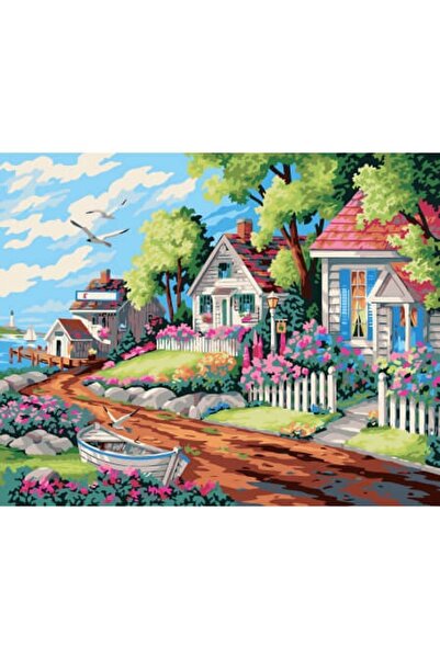 Pastelya Sayılarla Boyama Seti Çerçeveli Kasnaklı Köy Evi 40x50