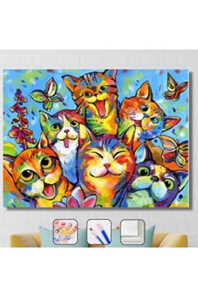 Pastelya Sayılarla Boyama Seti Çerçeveli Kasnaklı Neşeli Kediler  40 x 50 cm