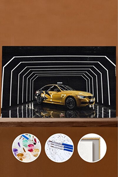 Pastelya Sayılarla Boyama Seti Çerçeveli Kasnaklı Sarı Araba 60 X 75 Cm