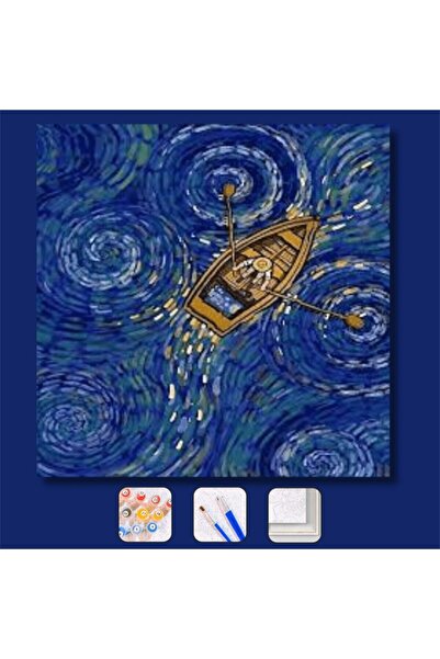 Pastelya Sayılarla Boyama Seti Çerçeveli Kasnaklı Kayıktaki Van Gogh  50 x 65 cm