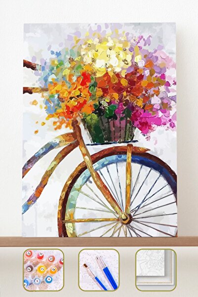 Pastelya Sayılarla Boyama Seti Çerçeveli Kasnaklı Çiçekli Bisiklet 40 x 50 cm