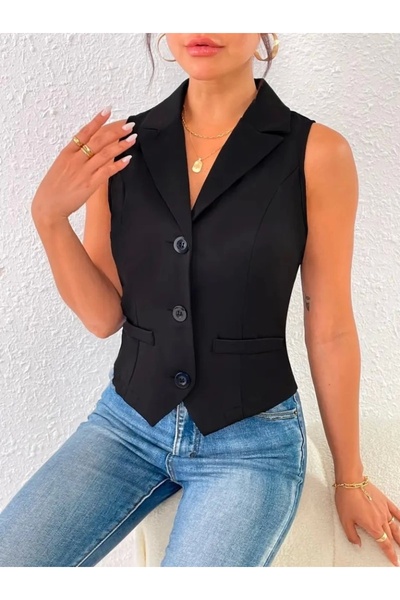 Elaxi Women's Sleeveless Collar Front Buttoned Atlas Vest