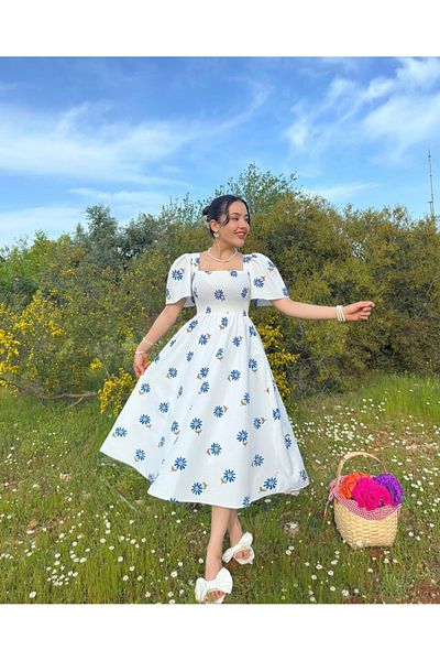 Afiş Butik White Gipeli Floral Patterned Midi Dress