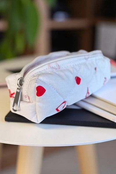 DUCS Heart Patterned Pencil Case 100% Cotton Gingham Quilted Stitched -Dcs-379