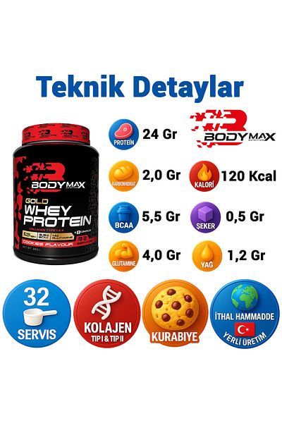 BODYMAX Gold Whey Protein 960g |   Cookie Flavored |   32 Service |   Protein Powder with Collagen Content