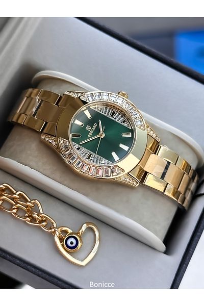 Reward Yellow Steel Cord,Green Dial Valentine's Day Gift Women's Wrist Watch Bracelets
