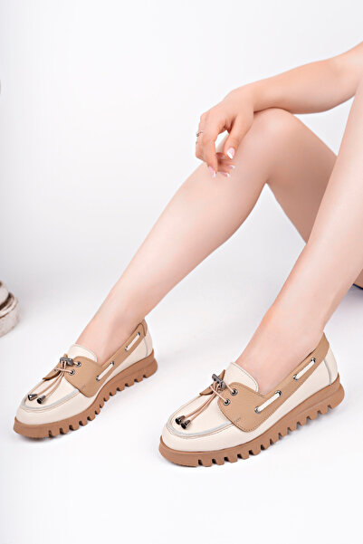 Deripabuc Genuine Leather Beige Mink Women's Leather Loafer Shoes Trc-9901