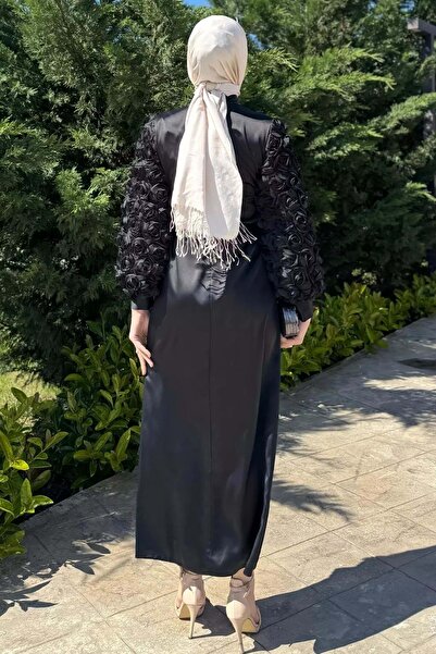 Tane 25Y4660 ELBİSE ABİYE SATEN JKOLLARI GÜL DETAYLI SİYAH