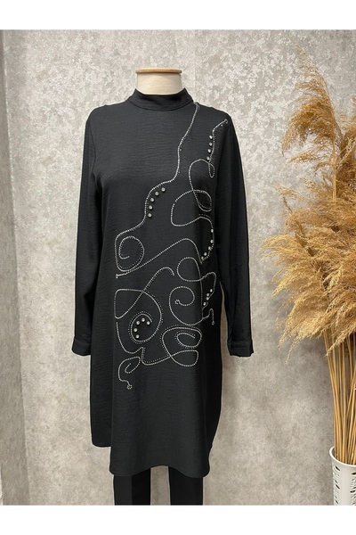 KADO 25Y4166 TUNİK ÖNÜ ASİMETRİK TAŞLI SİYAH