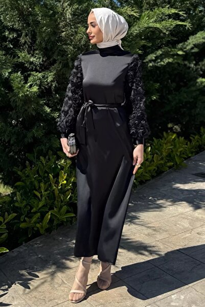 Tane 25Y4660 ELBİSE ABİYE SATEN JKOLLARI GÜL DETAYLI SİYAH