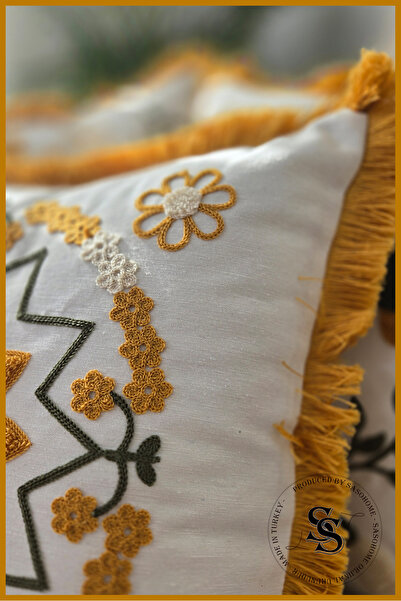 SasoHome Beauty Flowers Punch Embroidery Patterned Linen Throw Pillow Cover