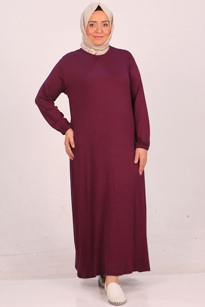 Eslina 22008 Model Large Size Plum Colored Elastic Sleeve Combed Cotton Dress