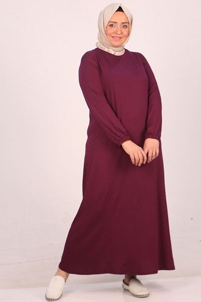 Eslina 22008 Model Large Size Plum Colored Elastic Sleeve Combed Cotton Dress