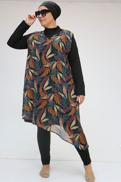 Eslina 1723 Plus Size Long Sleeve Chiffon Pareo Hijab Swimsuit Set - Leaf Pattern Mustard