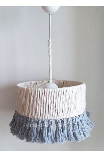 C&A&B KUZEY AVİZE Ecru Macrame Rope Wrap Gray Fringed Design Baby - Child - Teen Room Design Pendant Lamp Chandelier
