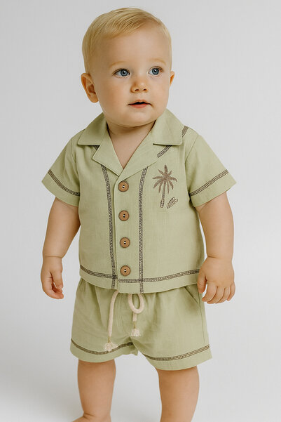 Necix's PALMİYE NAKIŞLI KETEN GÖRÜNÜMLÜ PAMUKLU ERKEK ŞORTLU TAKIM