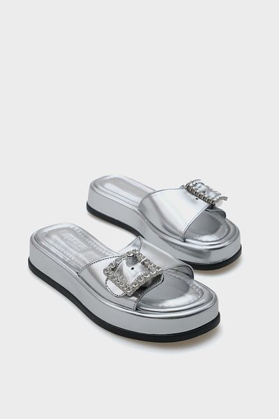 Capone Outfitters Margi Wedge Heeled Single Strap Stone Buckle Metallic Women's Slippers