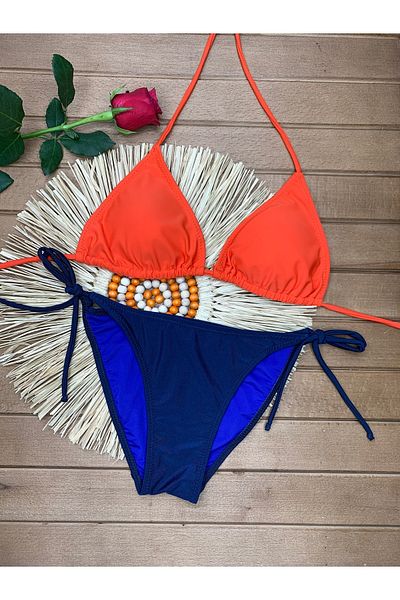 XORVİO Women's Lycra Flexible Side and Neck Tie Stylish Drawstring Triangle Orange Navy Blue Bikini Suit