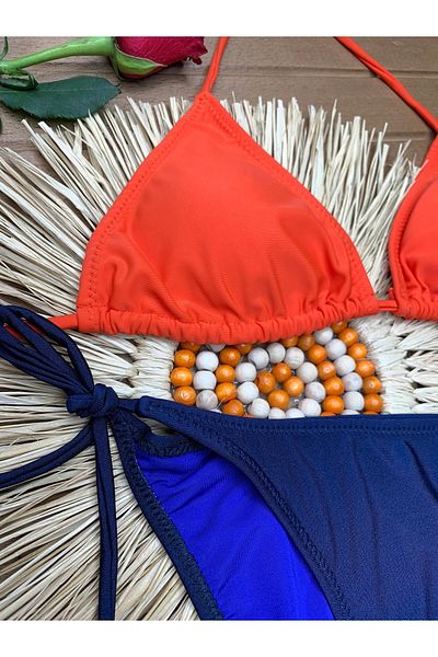 XORVİO Women's Lycra Flexible Side and Neck Tie Stylish Drawstring Triangle Orange Navy Blue Bikini Suit