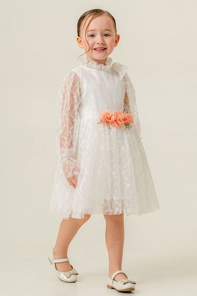 Eray Kids Floral Girls' Evening Dress with Lace Neckline and Shoulder Detail