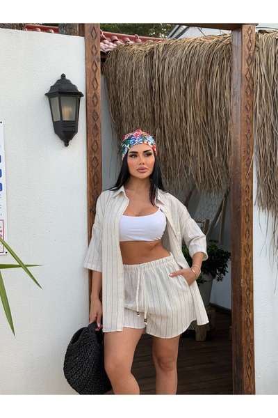 LB Laluna Butik Women's Cream Striped Linen Fabric Oversize Shirt Shorts Set