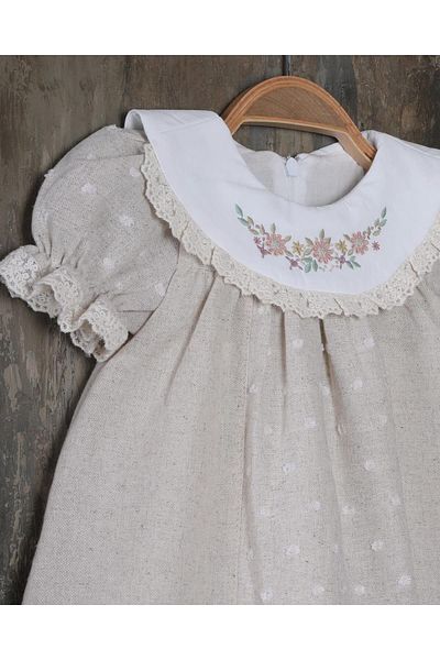 miabambim Floral Embroidered Lace Detailed Linen Baby Girl Dress Beige