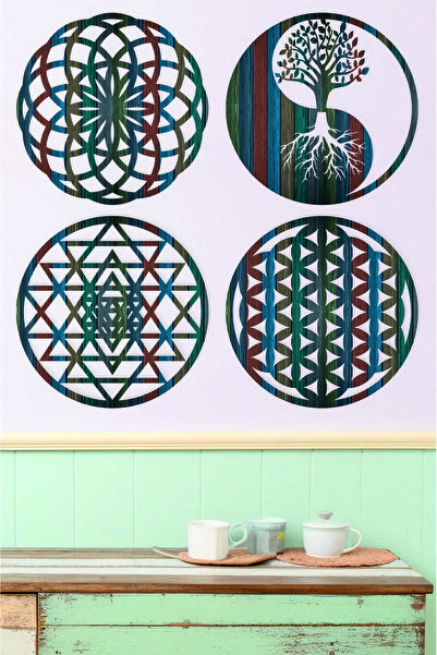 UNT Πολύχρωμα ξύλινα σχέδια με μοτίβο Λουλούδι της Ζωής, Σρι Γιάντρα, Τόρους ...