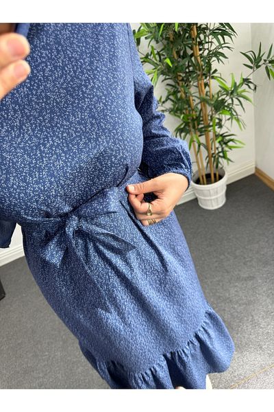 Nisa Nalbantoğlu Navy Blue Patterned Poplin Hijab Dress
