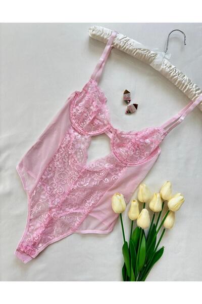 İNKO İÇ GİYİM Ροζ δαντελένιο κορμάκι με διάφανο κάτω μέρος με κουμπώματα