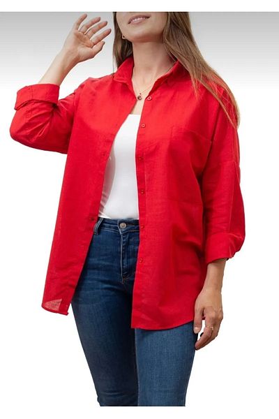 Modabenna Red Oversize Pocket Cotton Linen Shirt Loose Off Shoulder Women