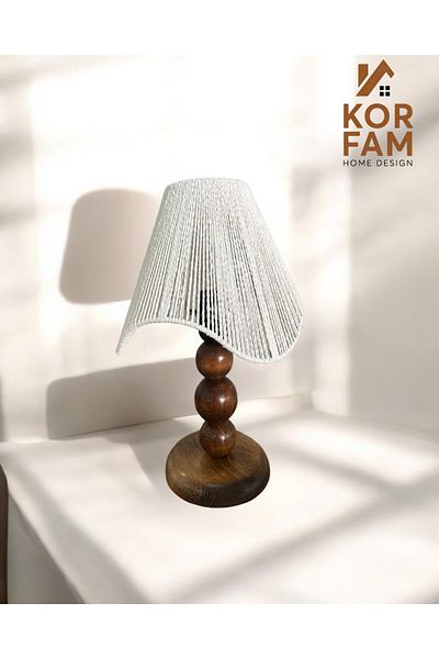 KorFam Wavy Lamp Shade - Wicker Hand Made Bohemian Asymmetric Shape Wooden Leg Rustic Lamp Shade White