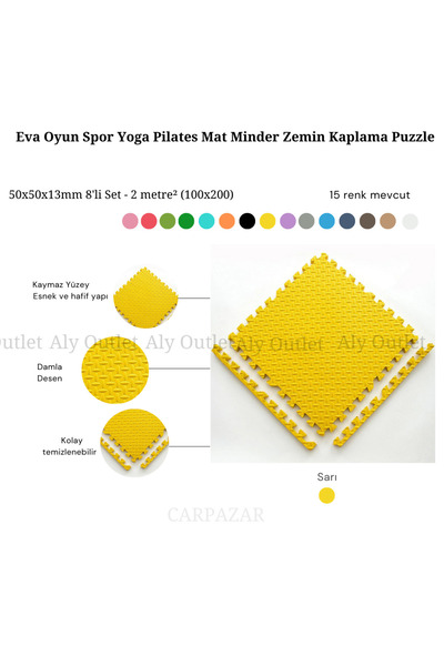 CARPAZAR Damla Desen Tatami Eva Spor Yoga Pilates Oyun Matı Halısı Minderi Puzzle 50x50 13mm 8 Adet 100x200