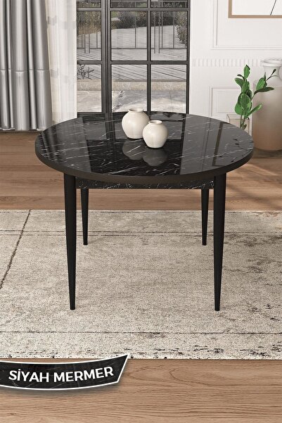 Canisa Tor Serisi Yuvarlak 90x90 Siyah Mermer Desenli Sabit Masa 4 Zebra Sandalye Mutfak Masası Takımı