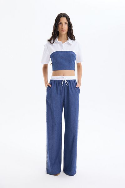 Quzu Side Stripe Written Denim Look Trousers Indigo
