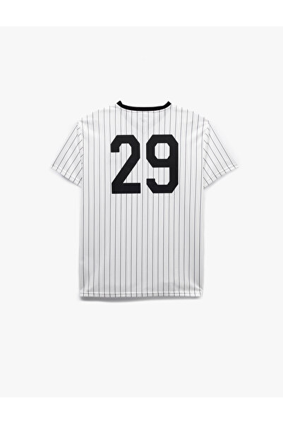 Koton V Yaka Kısa Kollu Çizgili Biyeli Oversize Baskılı Spor Tişört