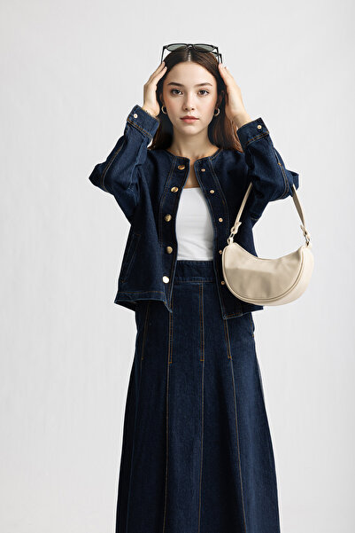 Suede Style 5264 - Шикарний зручний жіночий комплект з джинсової спідниці та жакета з деталями з піле