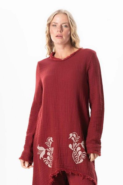 Eliş Şile Bezi Long Sleeve Sprout Tunic, V-Neck Autumn-Winter Asymmetrical Embroidery Burgundy Brd