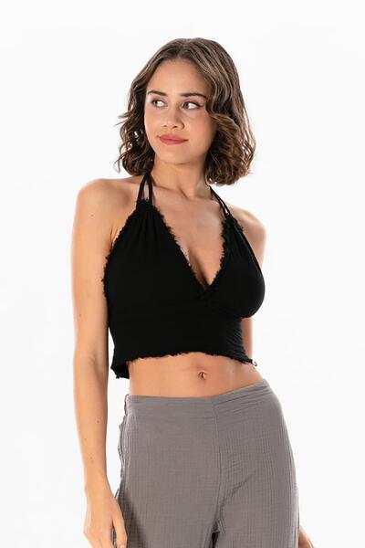 Eliş Şile Bezi Summer Muslin Bustier with Göcek Binding Detail Black Black