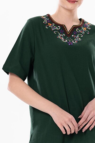 Eliş Şile Bezi Κοντό μανίκι Sile υφασμάτινο κέντημα ουράνιο τόξο Λεπτομερής καλοκαιρινή μπλούζα πράσινη Ysl