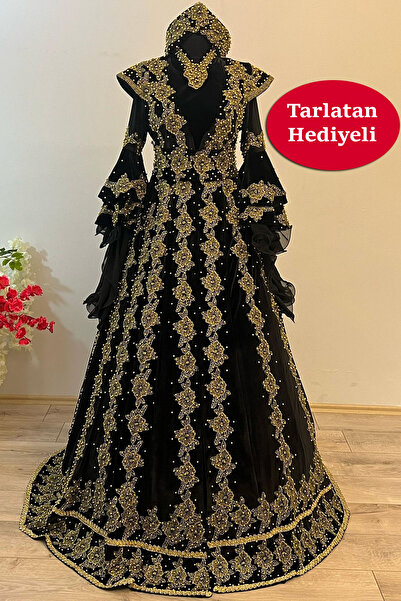 ZK ZÜMRÜT KAFTAN Gold-siyah Kadife Bindallı Kaftan Kına Gecesi Elbisesi Taç Kemer Kolye + Tarlatan