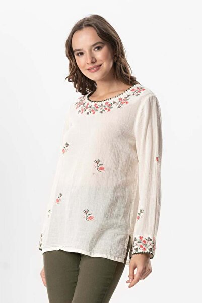 Eliş Şile Bezi Long Sleeve Shile Cloth, Cherry Embroidery Embroidered Summer Blouse and Cream