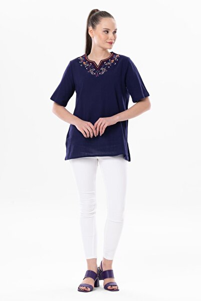 Eliş Şile Bezi Κοντό μανίκι Sile υφασμάτινο κέντημα ουράνιο τόξο Λεπτομερής καλοκαιρινή μπλούζα μωβ