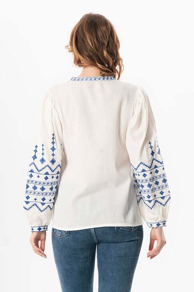 Eliş Şile Bezi Μακρυμάνικο ύφασμα Şile, Idil V-Neck Κεντημένη καλοκαιρινή μπλούζα Κρέμα Κρέμα
