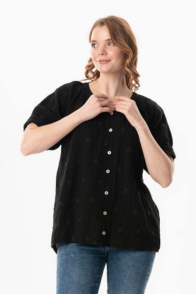Eliş Şile Bezi Short Sleeve V-Neck Venus Button Blue Summer Blouse