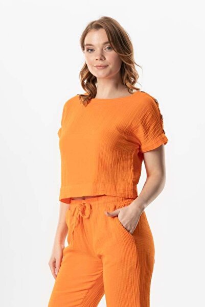 Eliş Şile Bezi Помаранчева блузка з принтом «Trnc İzeli Yazlık Men»