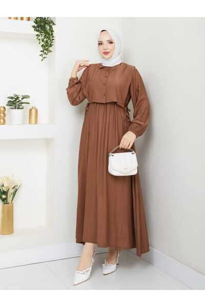 modamira Kadın Kahverengi Çilek Kumaş Bolerolu Ikili Önü Düğmeli Yandan Bağlamalı Tesettür Elbise