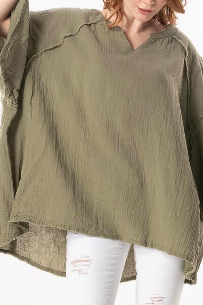 Eliş Şile Bezi Half Sleeve Nadya V-Neck Muslin Summer Blouse Khaki Hk